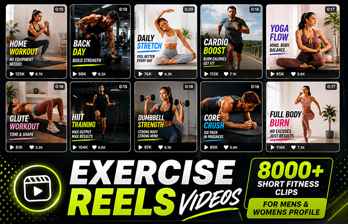 Fitness AI Reels Videos product image showing exercise reels videos for men and women workout profiles