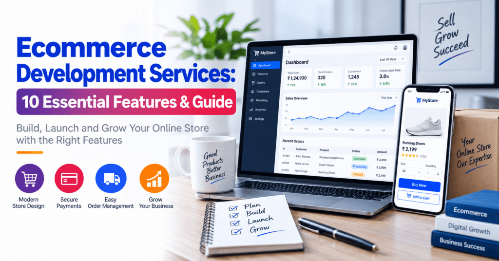 Planning ecommerce development services with an online store dashboard and mobile checkout mockup on a desk.