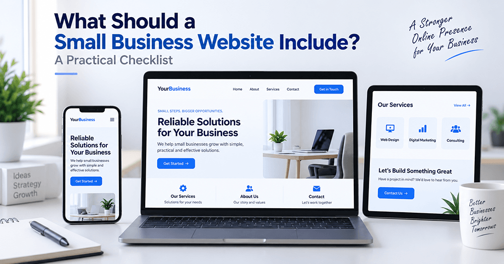 A flat-lay desk with a complete small business website checklist notebook and laptop wireframe.